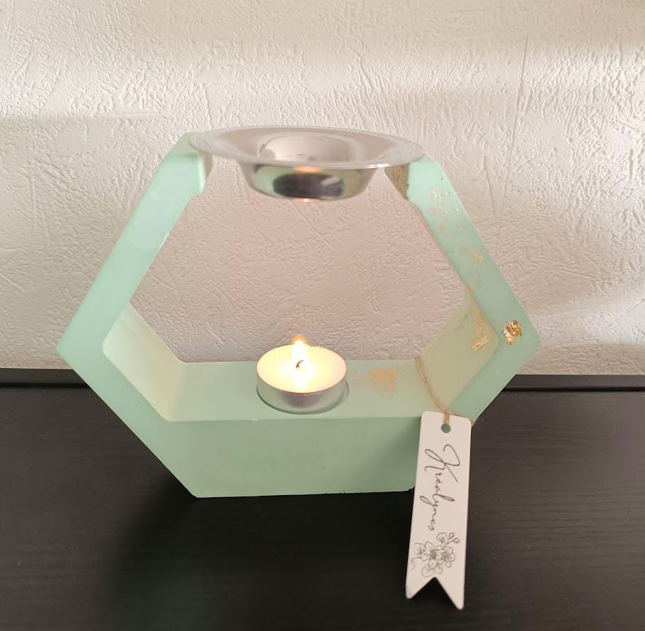 Brûle parfum losange turquoise et or.