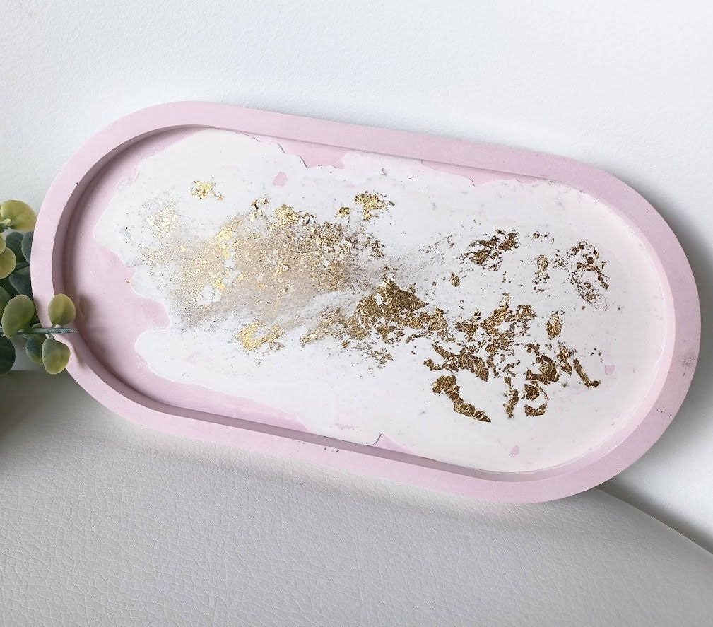 Plateau de rangement oval rose et blanc