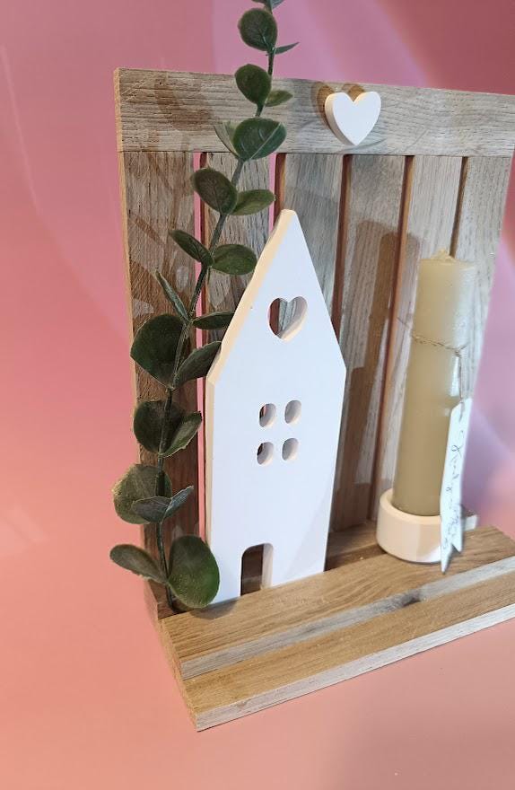 Bougeoir "Maisonnette blanche" support bois