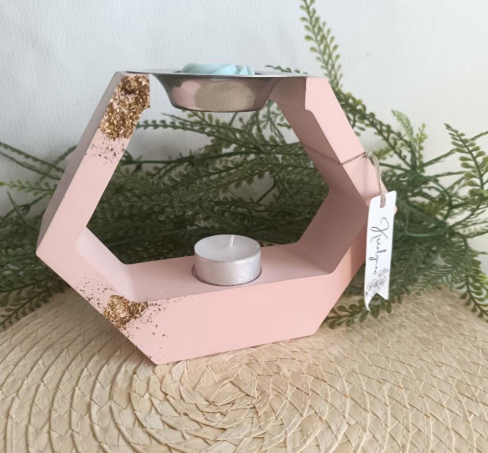 Brûle parfum losange terracotta clair et or.