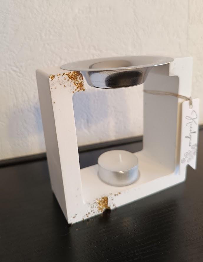 Brûle parfum carré blanc et petites pierres or