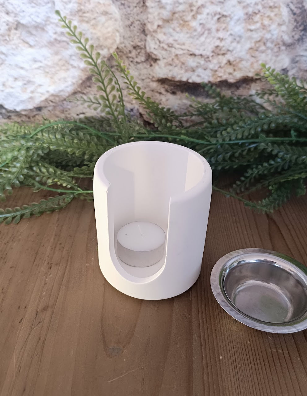 Brûle parfum artisanal en poudre de céramique blanche forme droite