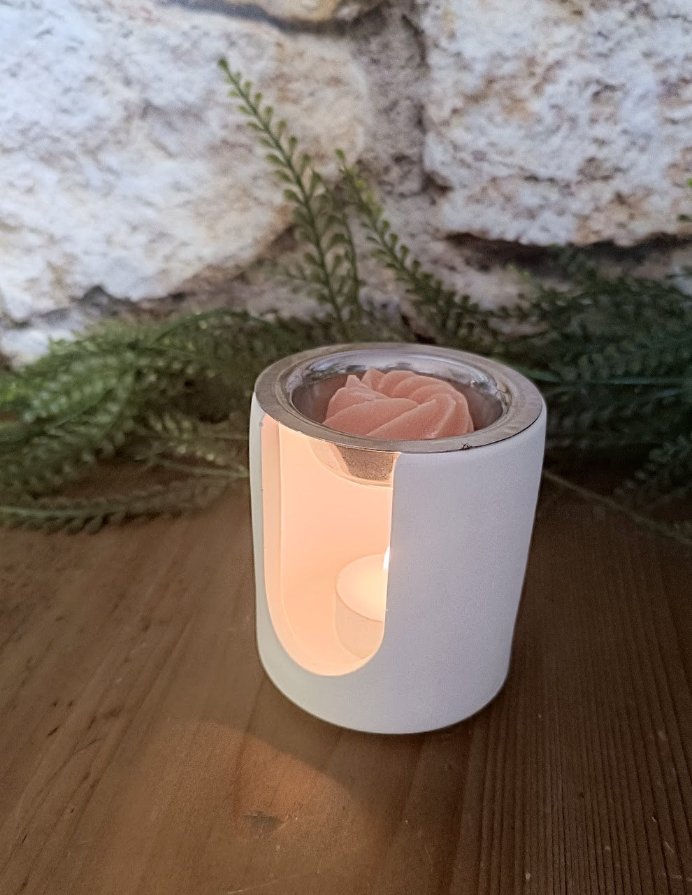 Brûle parfum artisanal en poudre de céramique blanche forme droite