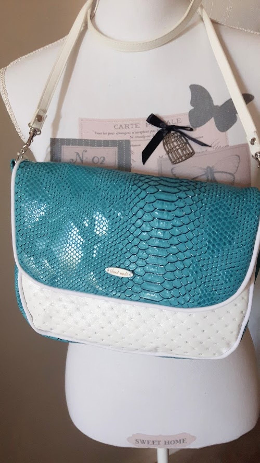 Sac bandoulière simili blanc et turquoise