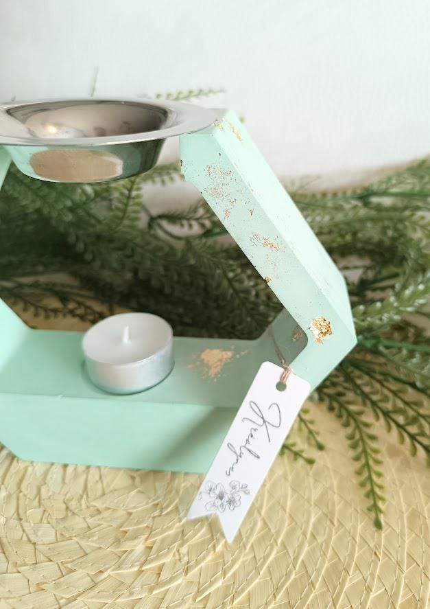 Brûle parfum losange turquoise et or.